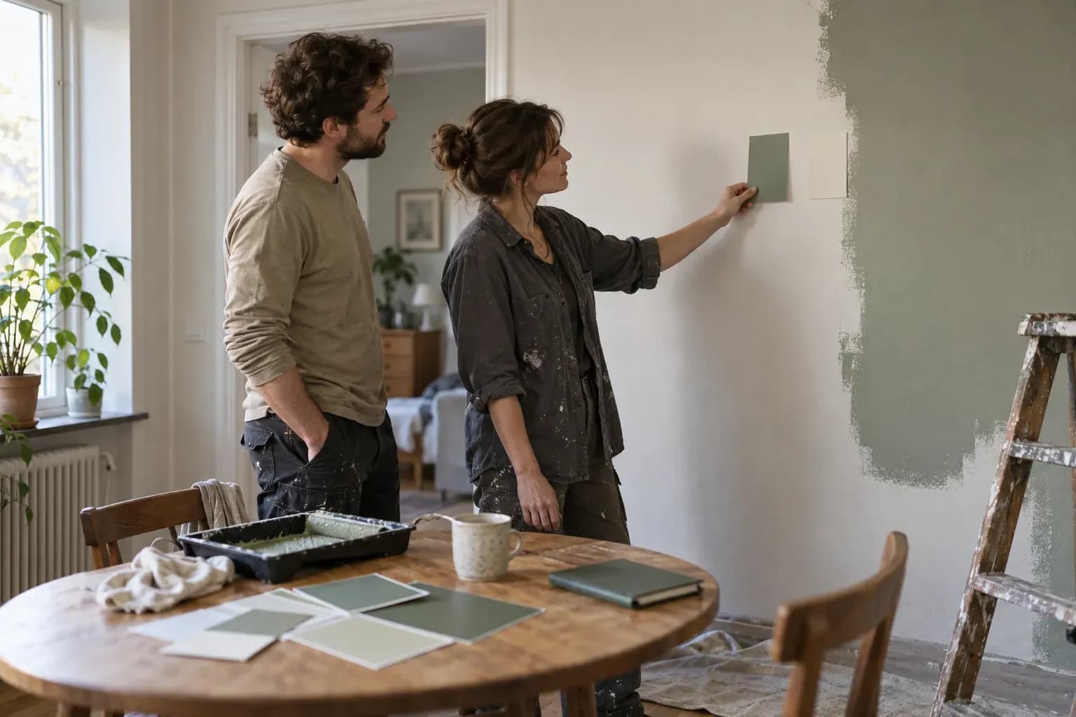 Planering inför en renovering Två personer väljer väggfärg inför en renovering.