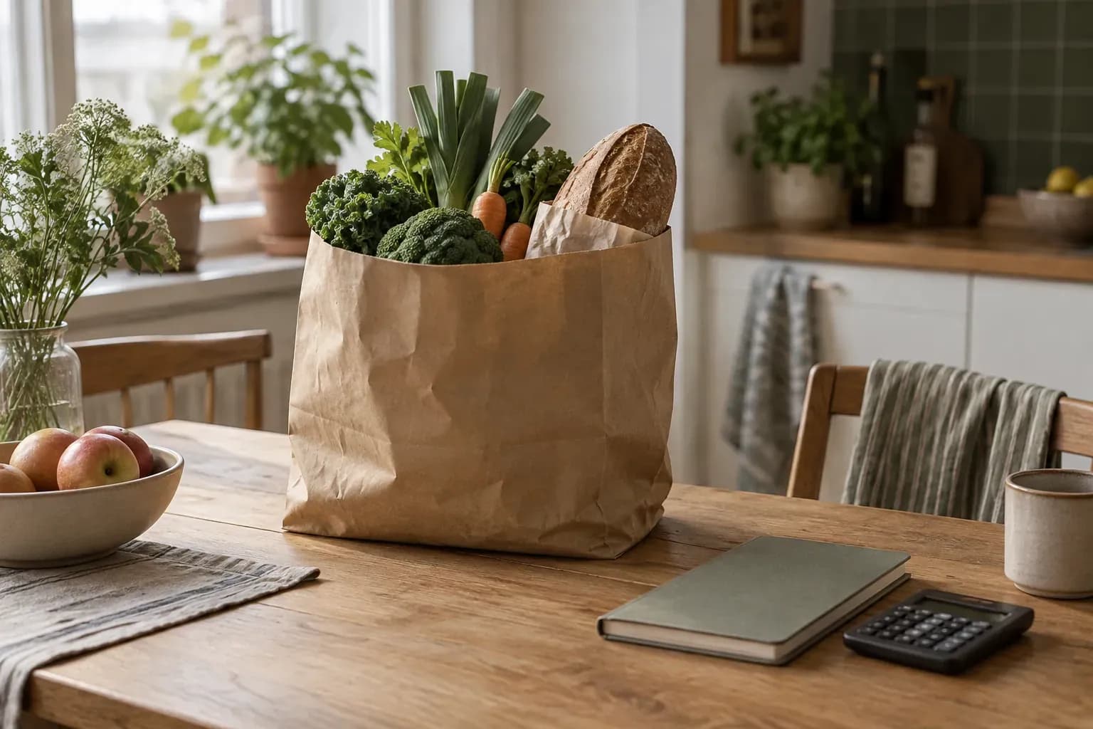 Vardagsutgifter i hushållsbudgeten Matvaror och en anteckningsbok på ett köksbord.