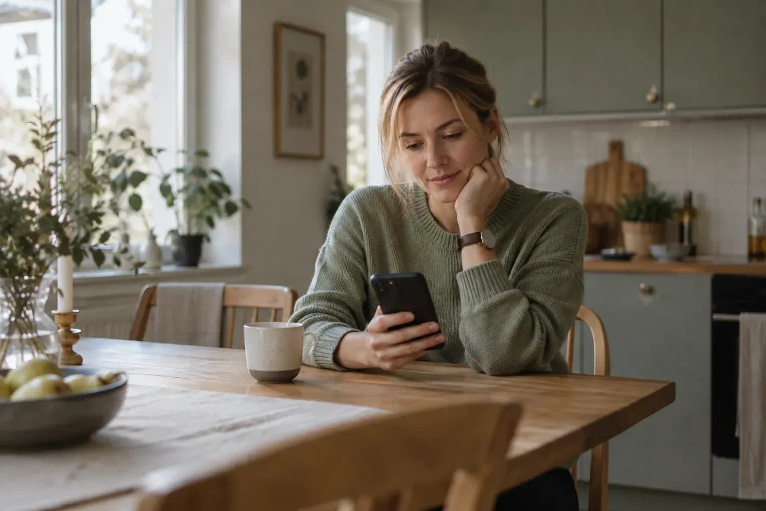Väntan på besked om lån En person väntar med telefonen i handen vid ett köksbord.