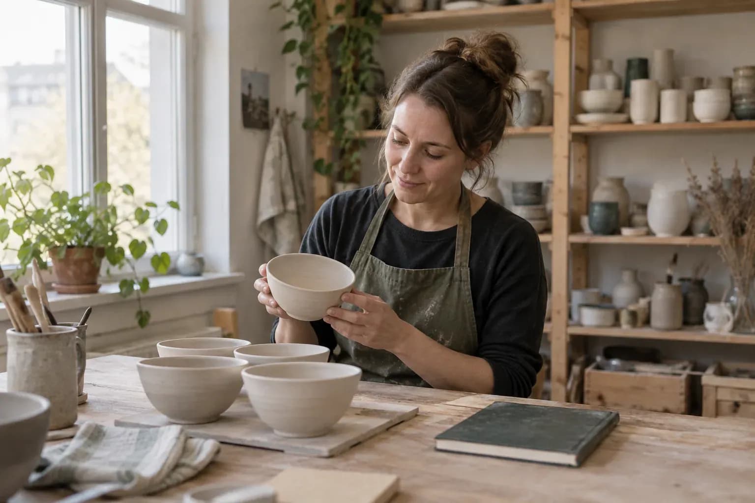 Planering i en keramikverkstad En småföretagare planerar arbetet i en keramikverkstad.