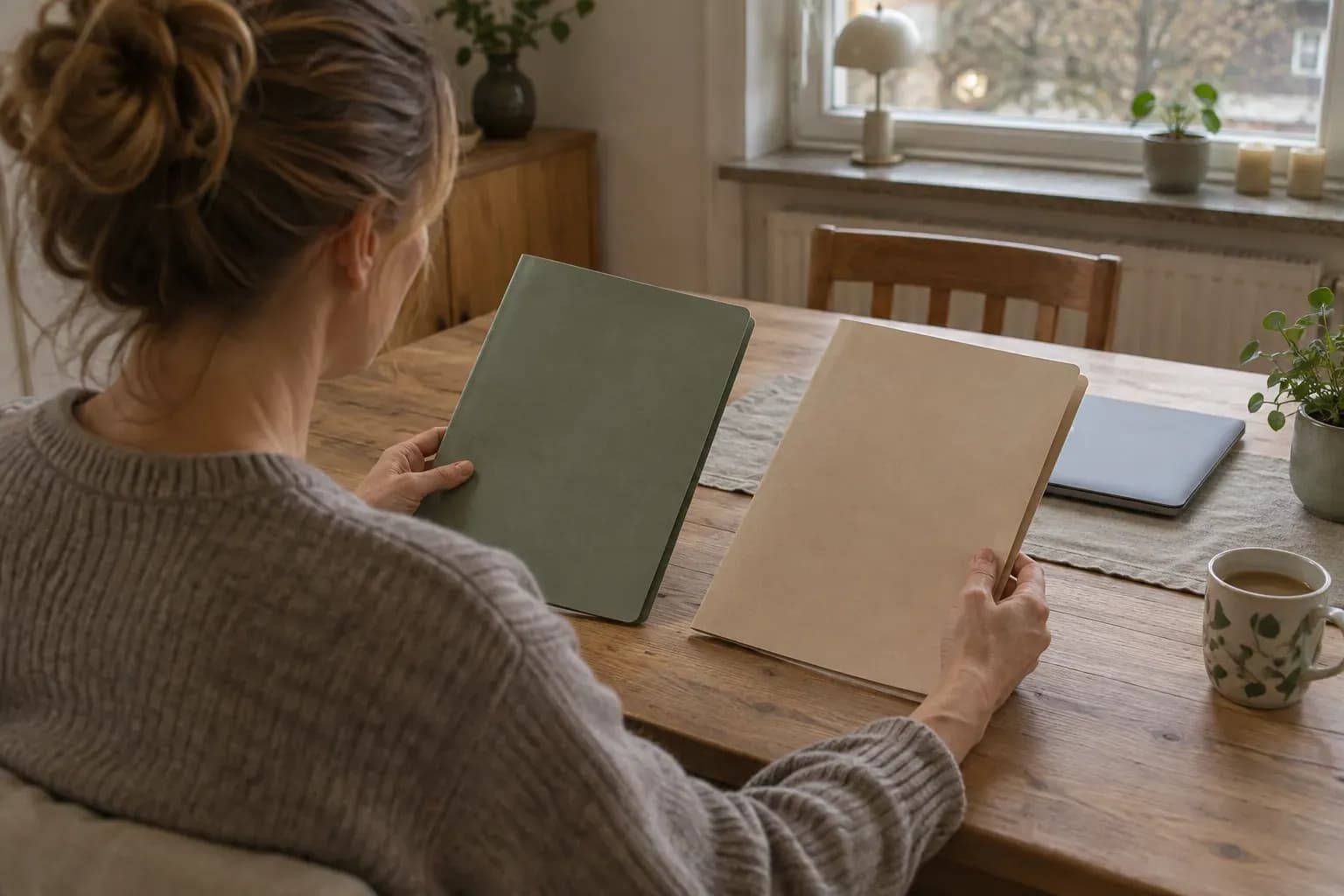 Jämförelse av låneunderlag Två mappar med underlag ligger framför en person.
