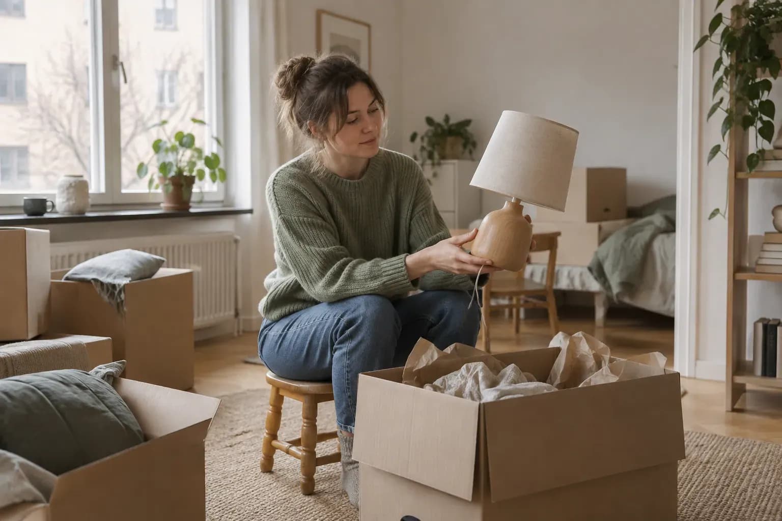 Ekonomiska val efter en flytt En person packar upp i en lägenhet efter en flytt.