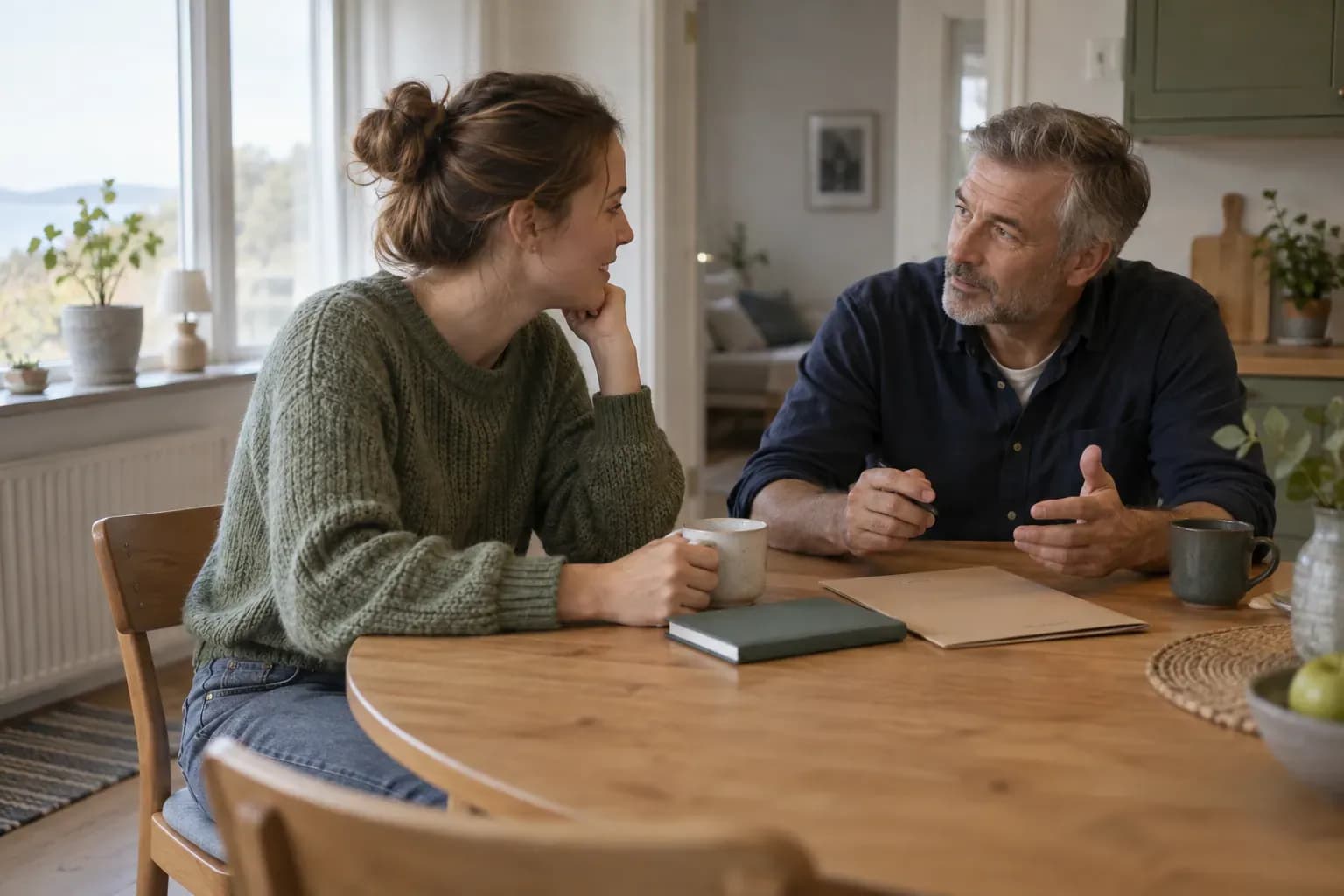 Samtal om privatlån och budget Två personer diskuterar sin budget vid ett mindre bord.