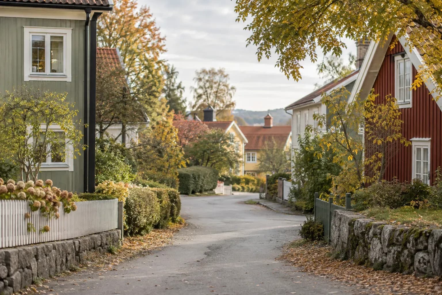 Svenska småhus på en bostadsgata Svenska småhus längs en lugn gata.