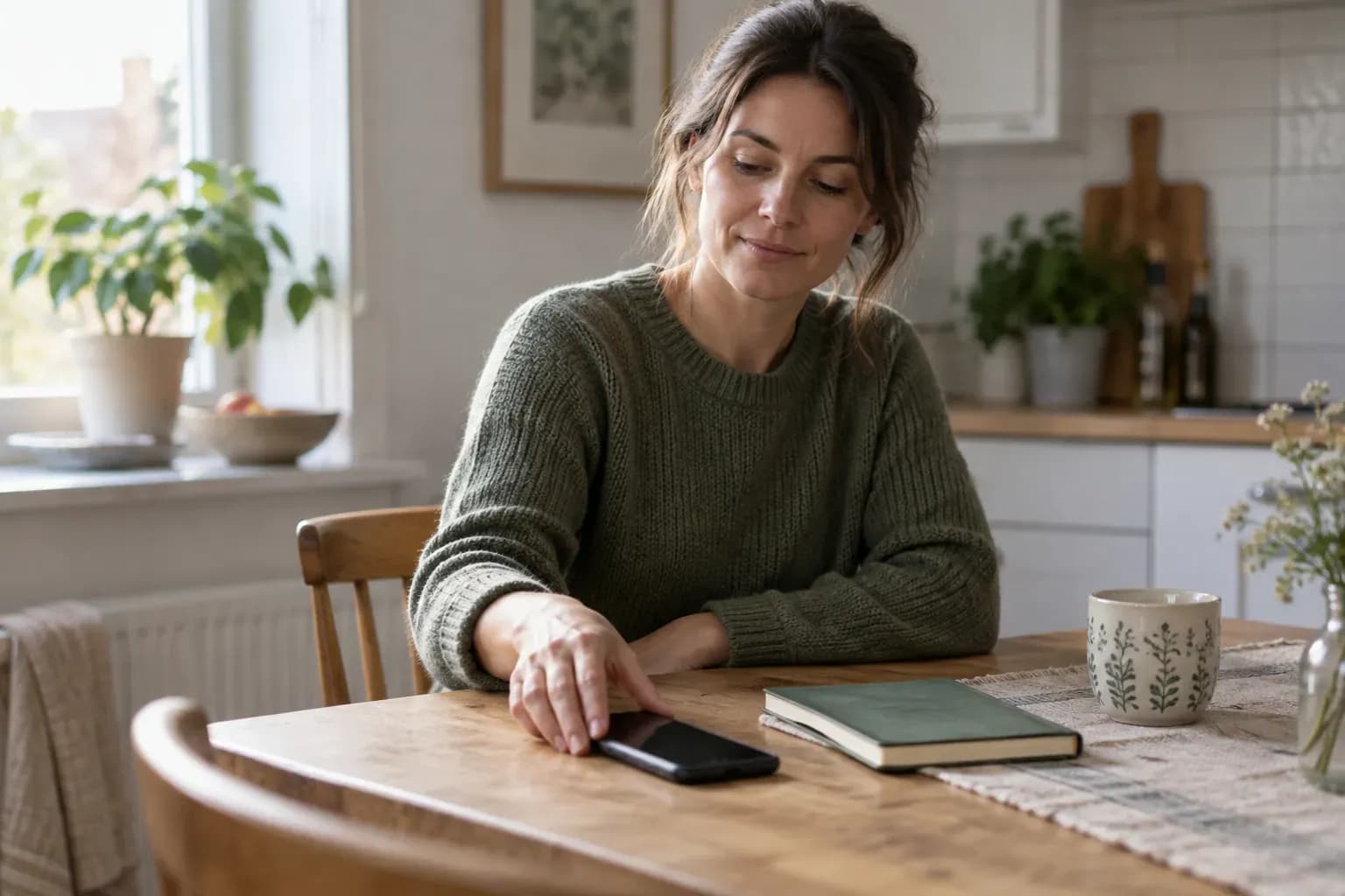 Vardagsekonomi och kontokredit En person lägger undan telefonen bredvid en anteckningsbok.