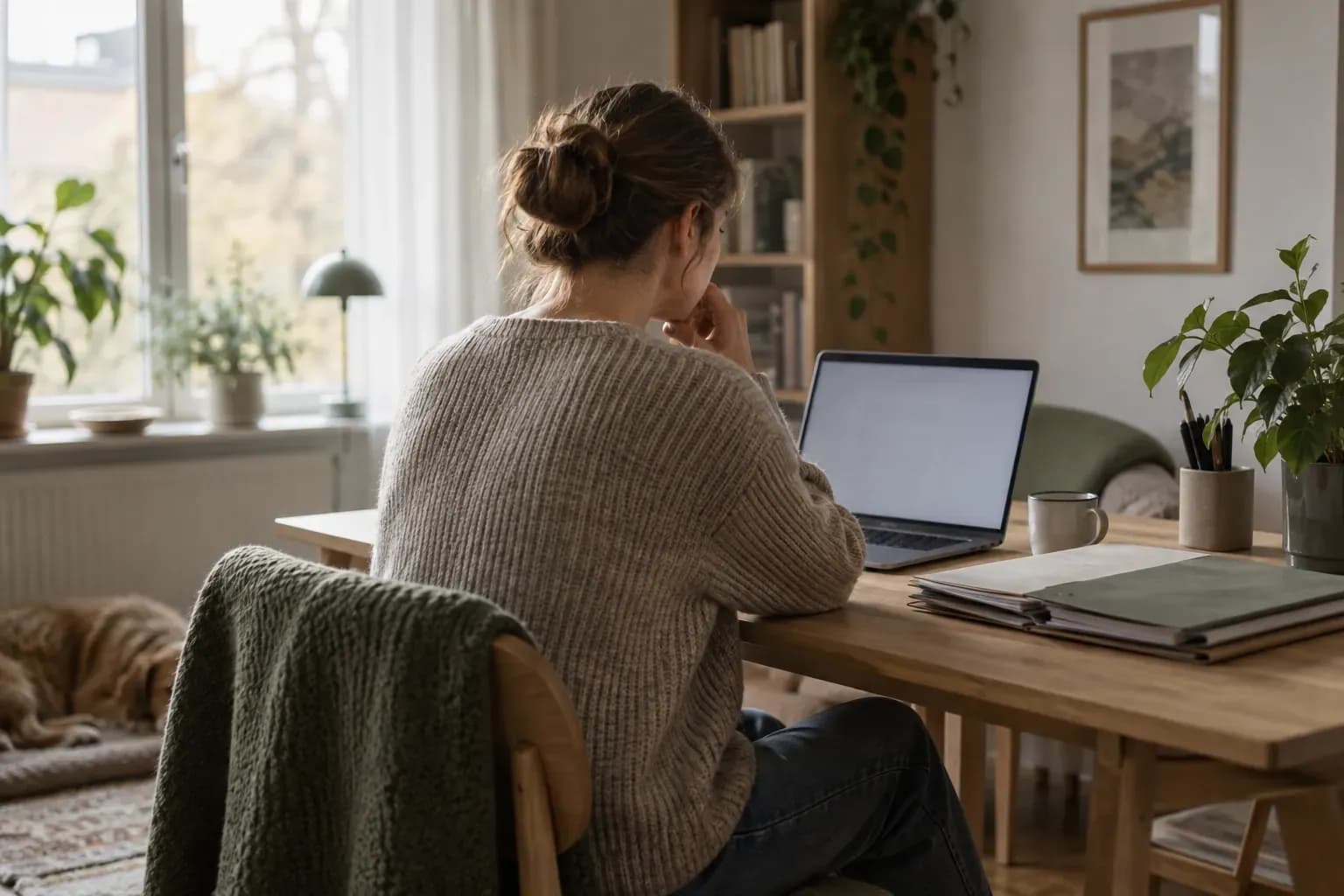 Ekonomiskt underlag vid datorn En person arbetar koncentrerat vid ett skrivbord.