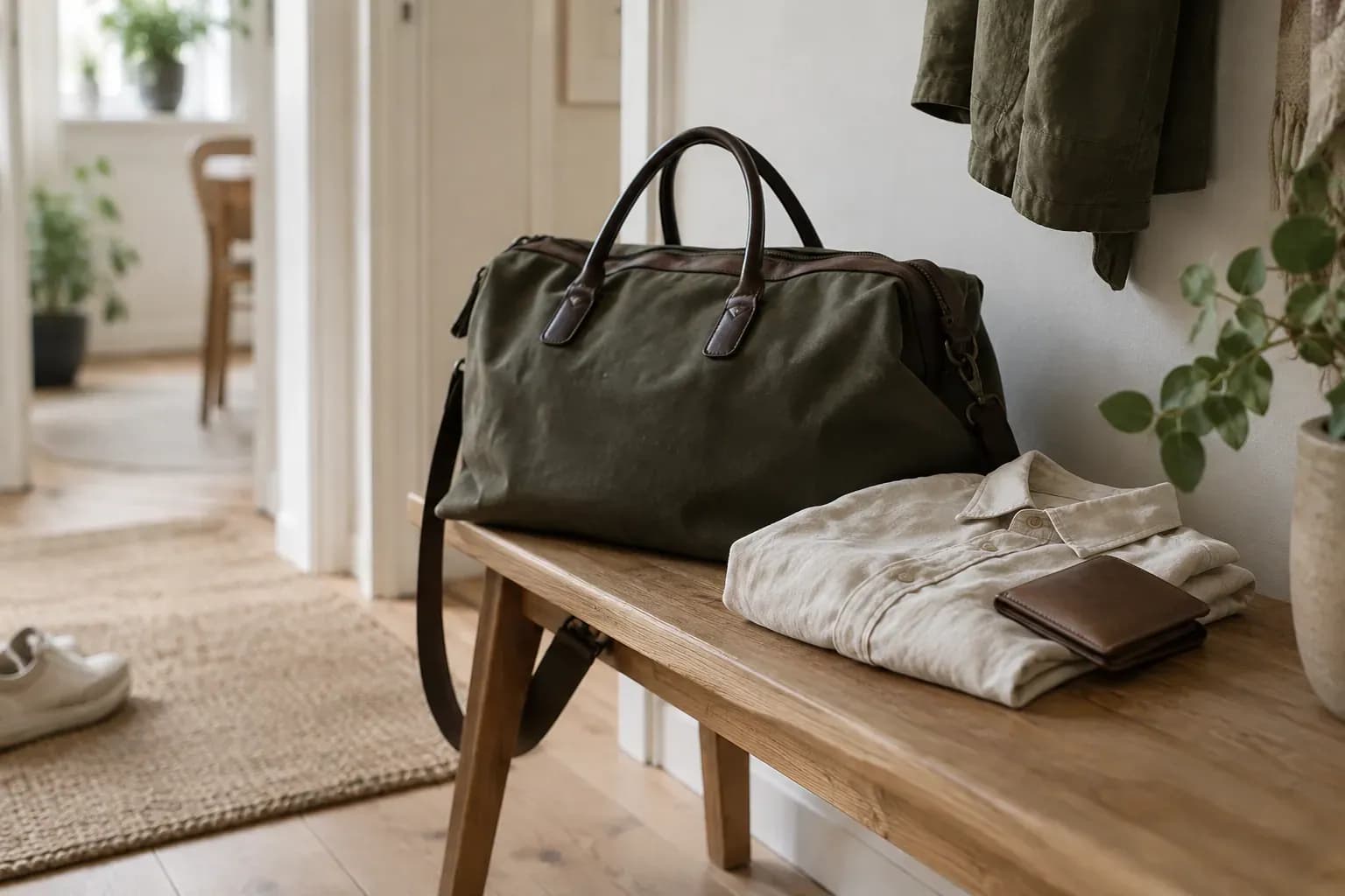 Resväska och plånbok En packad väska och en plånbok inför en resa.